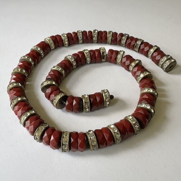 Louis Rousselet Art Deco Red Faceted Galalith and Rhinestone Rondelle Choker